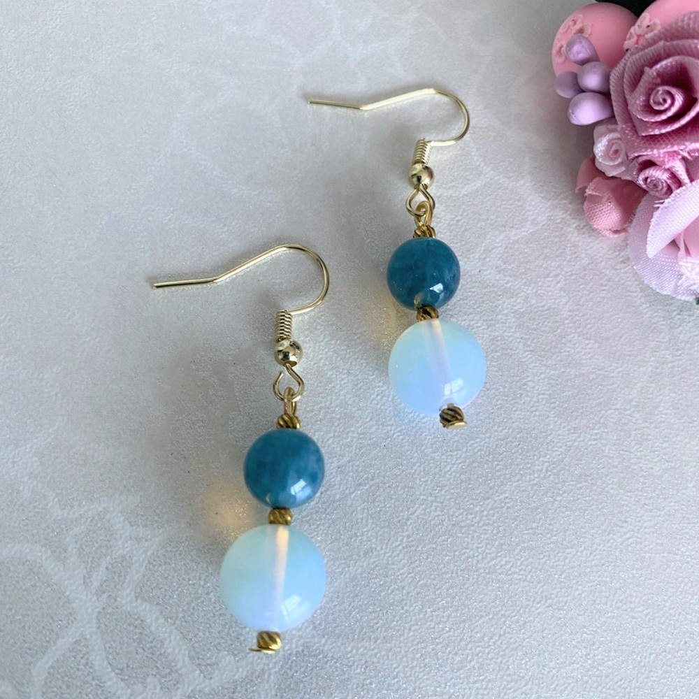 Handmade Gold Drop Earrings with Teal Blue Chalcedony and Opalite Beads
